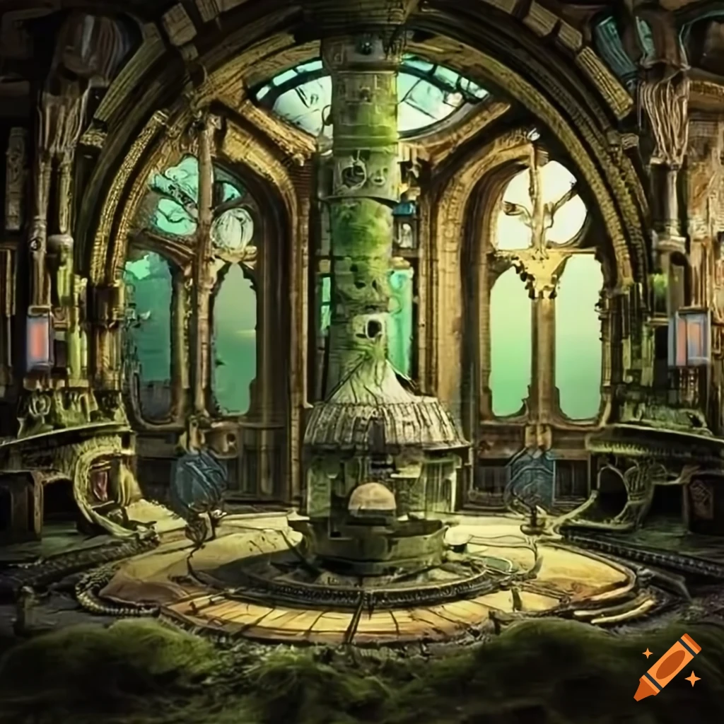 image of a moss-covered steampunk space station
