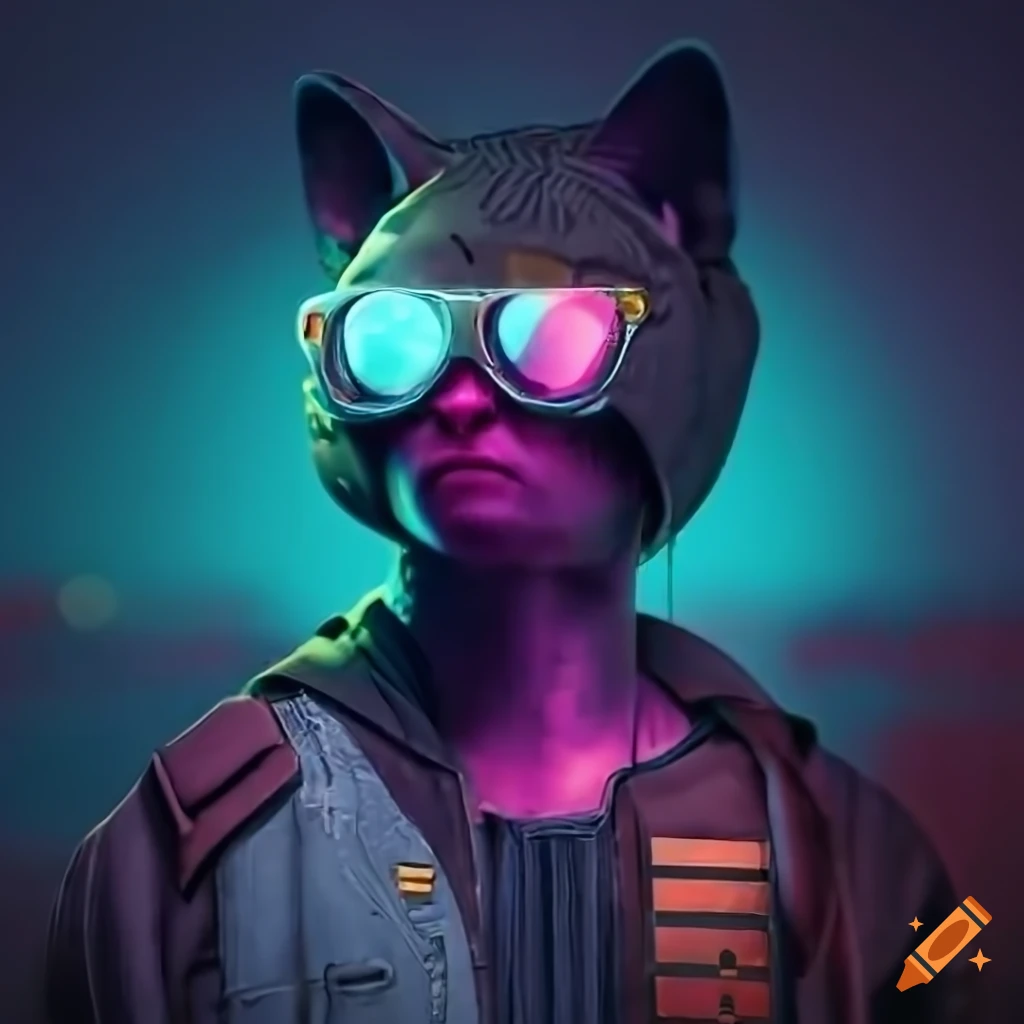 Cyberpunk cat with nightvision glasses in a city backdrop on Craiyon