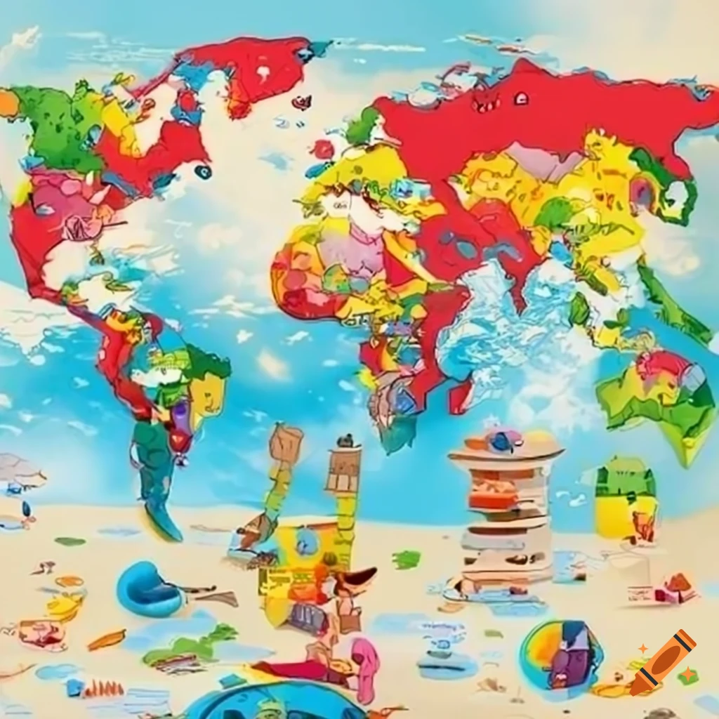 Colorful and illustrated world map board game for children on Craiyon