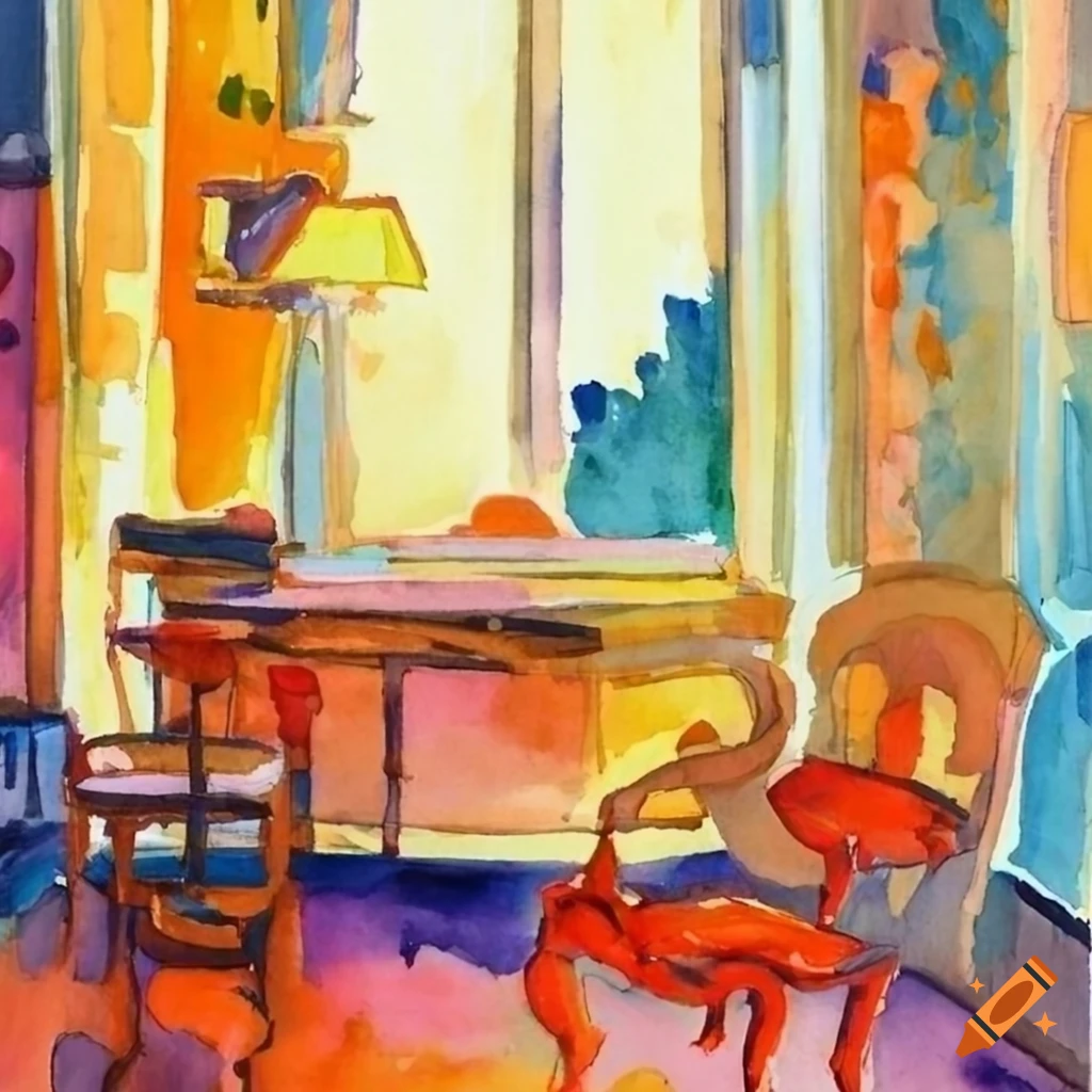 Fauvism watercolor painting of a French interior