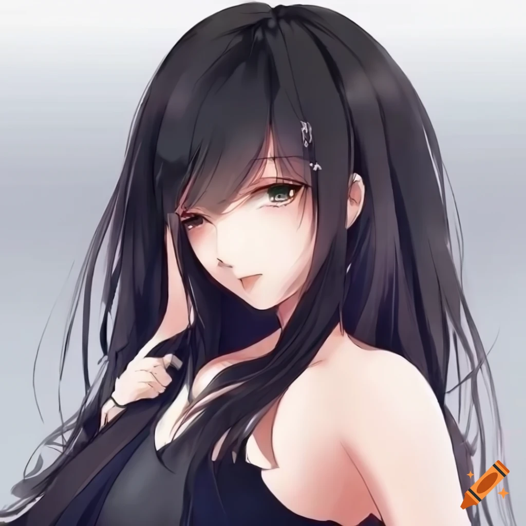 anime girl with long black hair and olive skin
