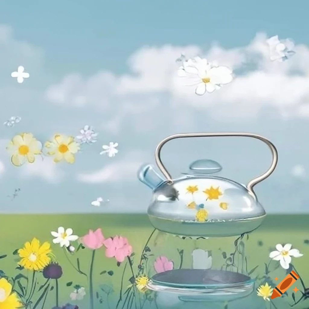 whimsical teapot floating in a colorful meadow