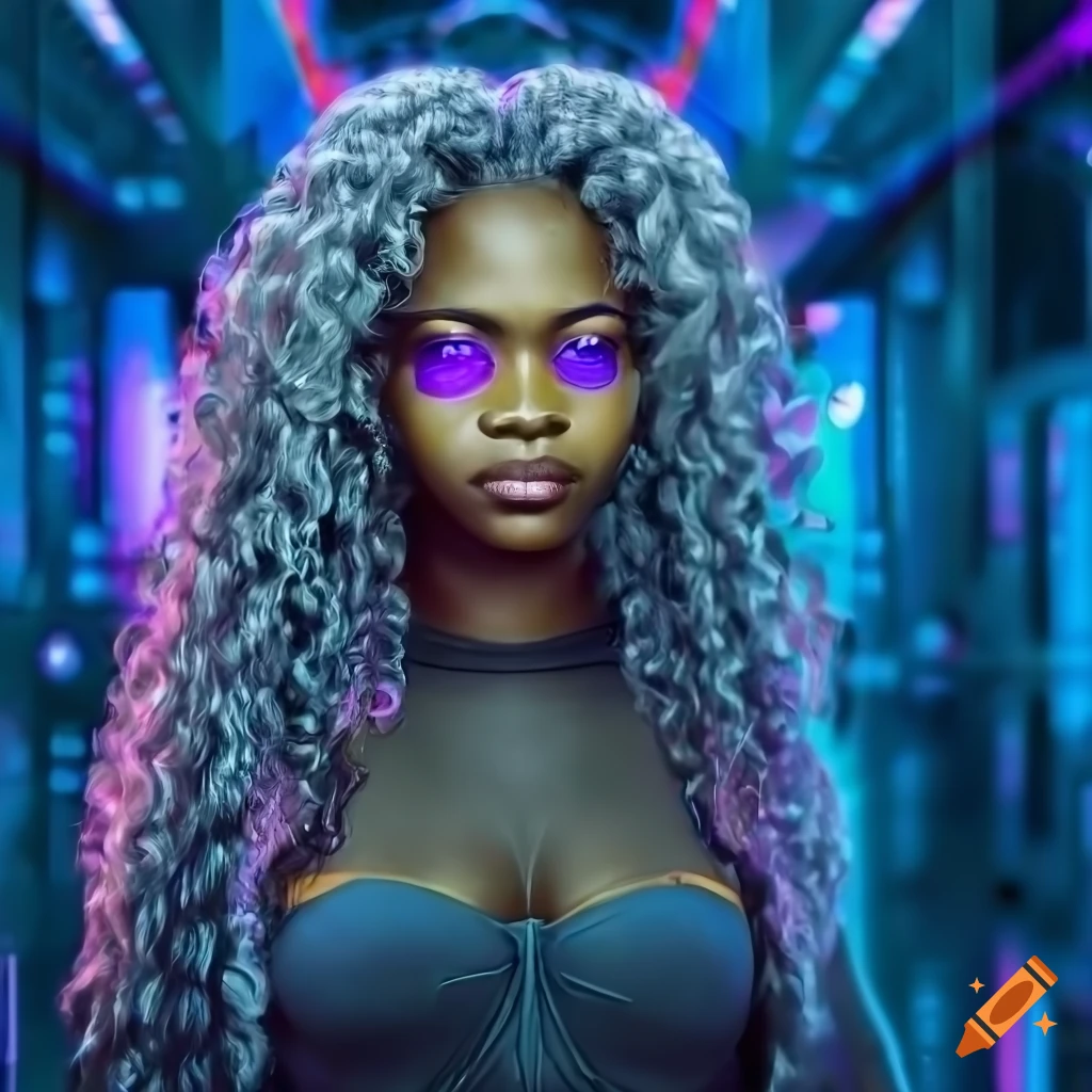 Portrait of a stunning woman with violet eyes and long grey curly hair ...