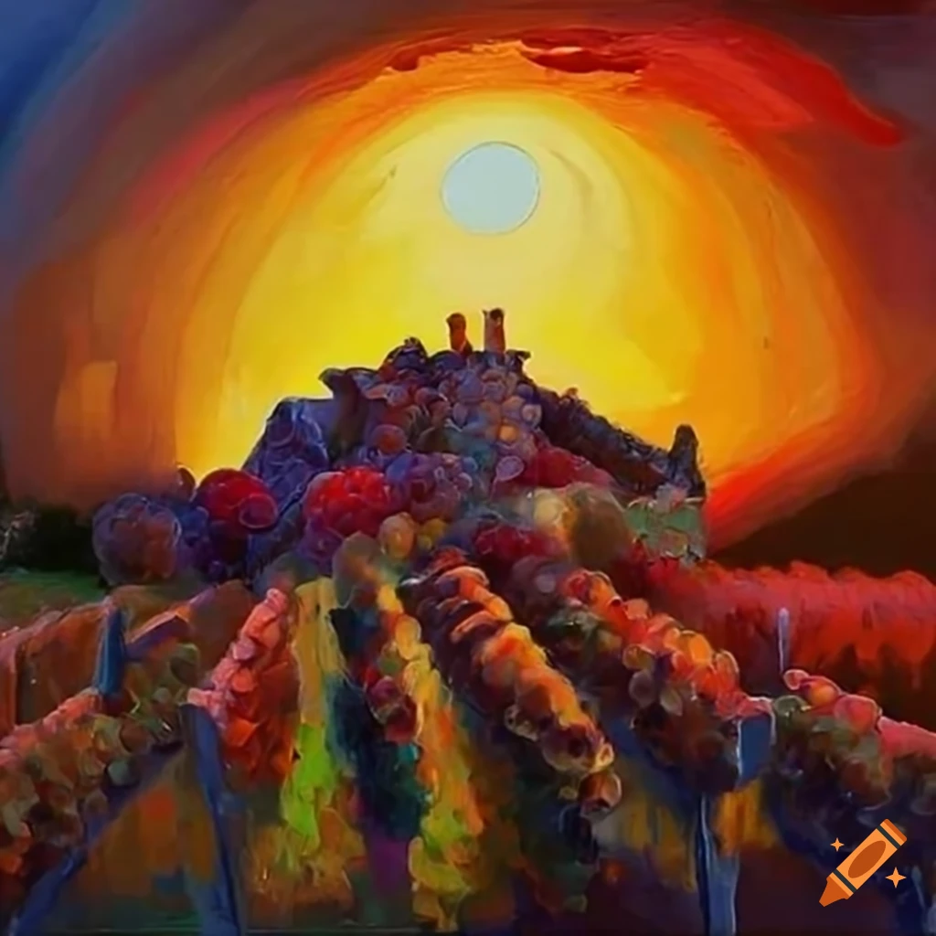 romantic scene in a vineyard at sunset