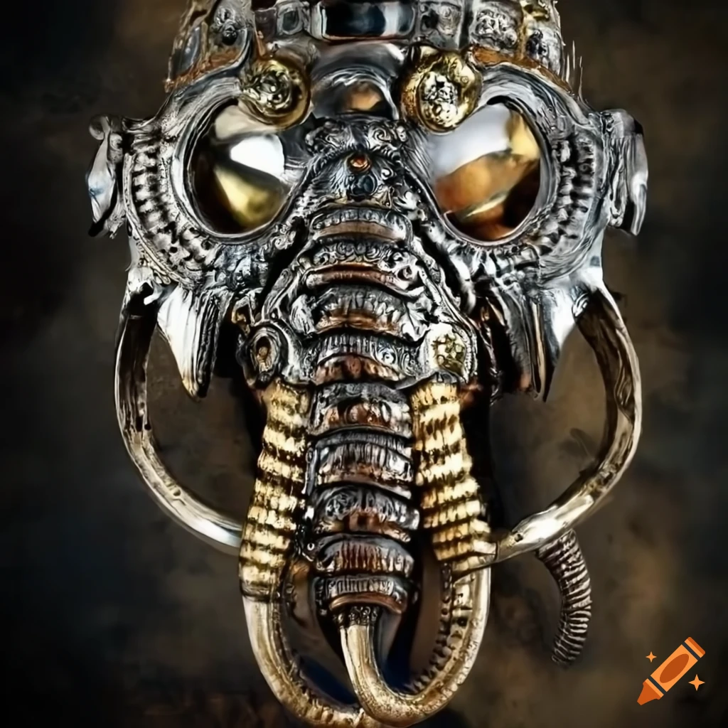 chrome Biomechanical Elephant death mask on textured background