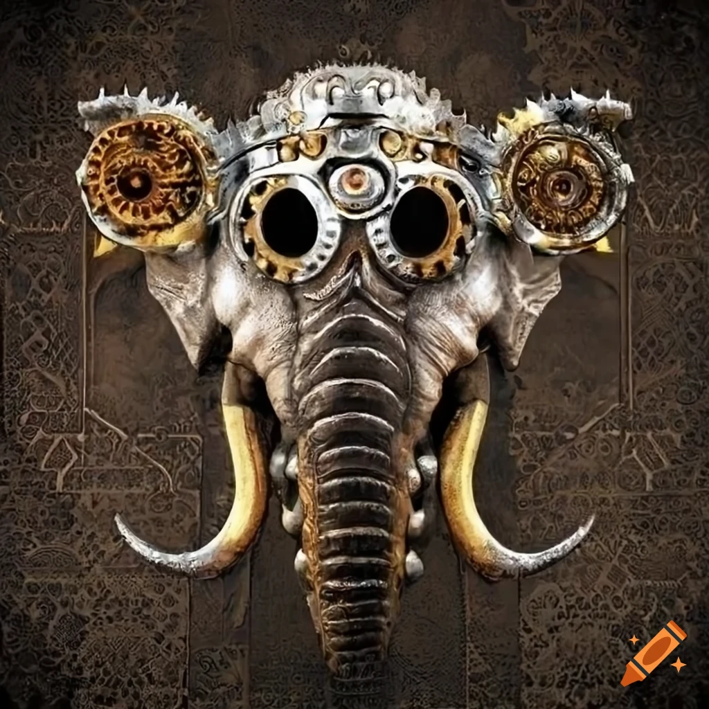 biomechanical steampunk elephant death mask on textured background