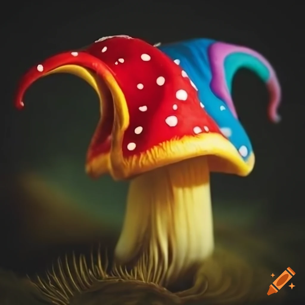 close-up of a colourful jester mushroom