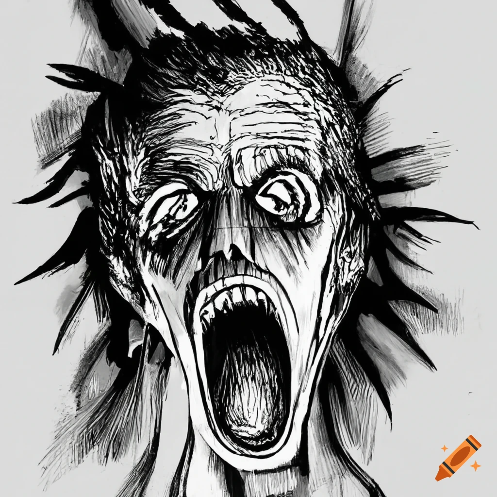 Black and white drawing of intense rage on Craiyon
