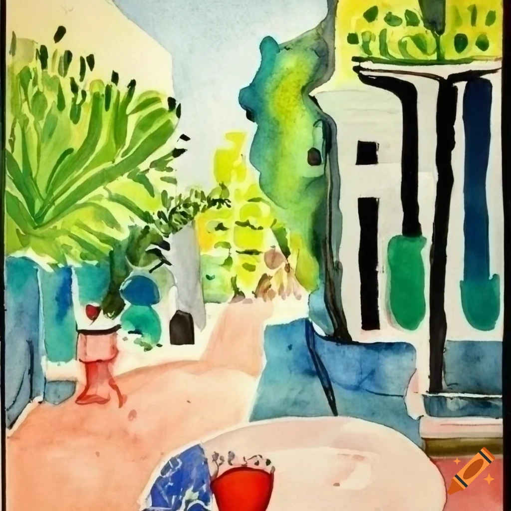 watercolor painting of a Japanese style courtyard