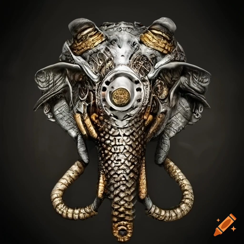 chrome biomechanical Elephant steampunk death mask on textured Indian background