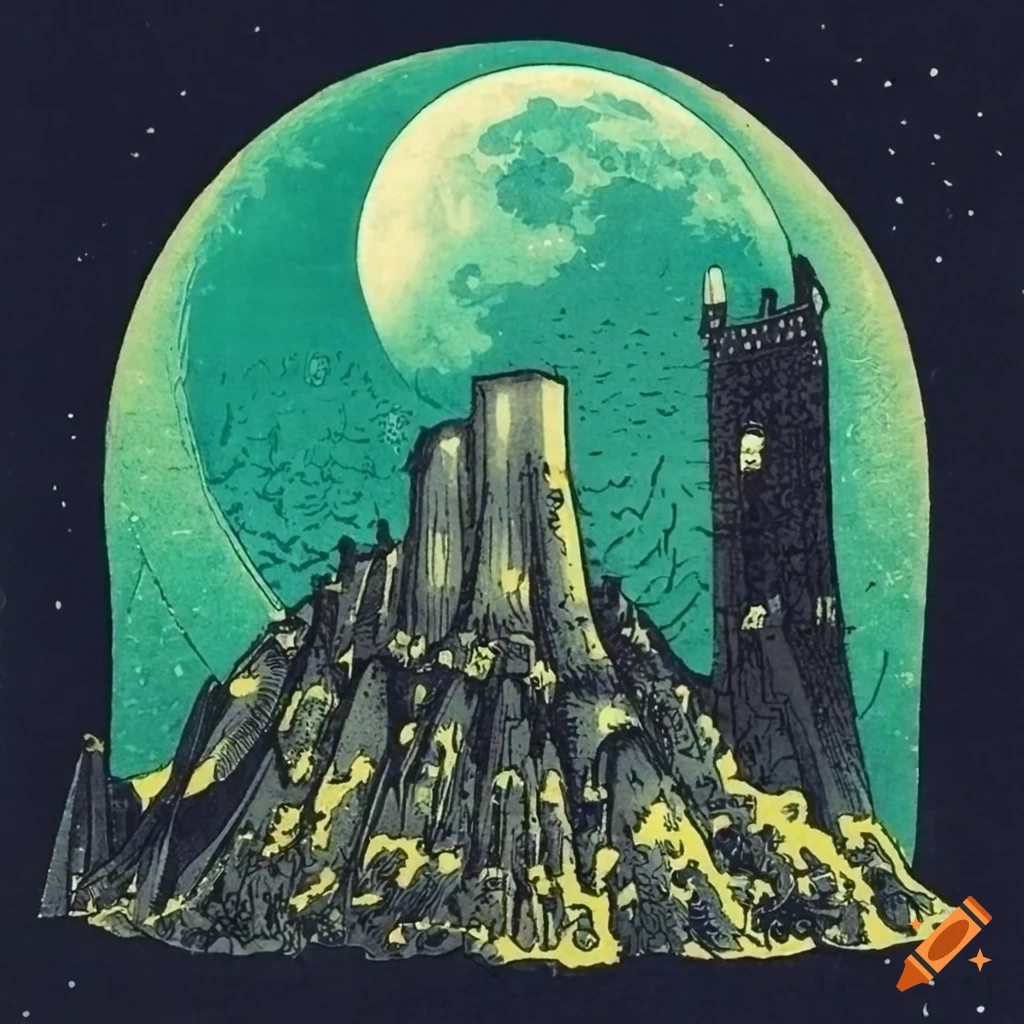 ukiyo-e style depiction of Minas Morgul at night with green moon