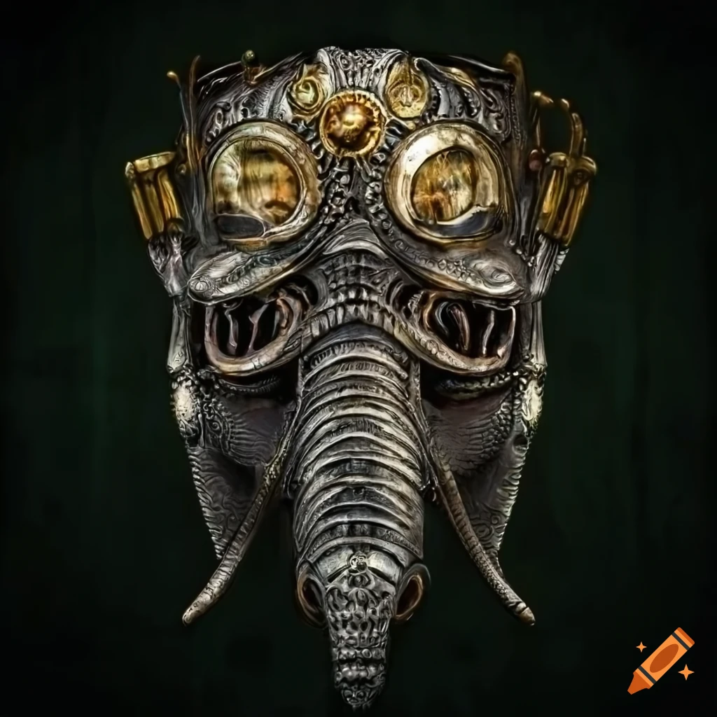 chrome Biomechanical Elephant death mask on textured background