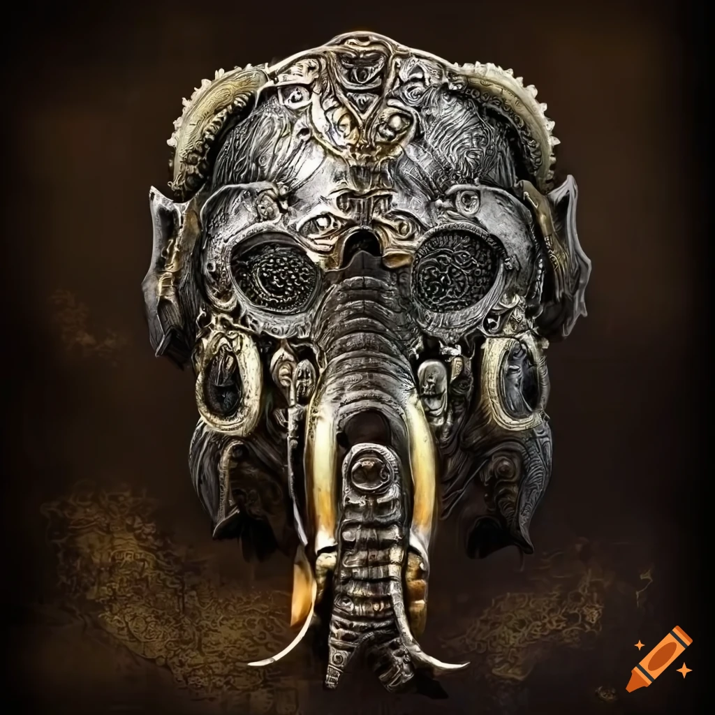 chrome rendering of a steampunk elephant death mask