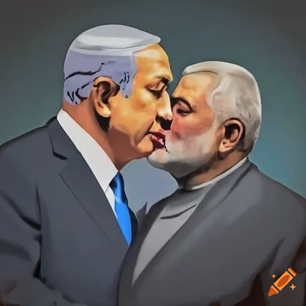 satirical artwork depicting Benjamin Netanyahu and Ismail Haniyeh kissing