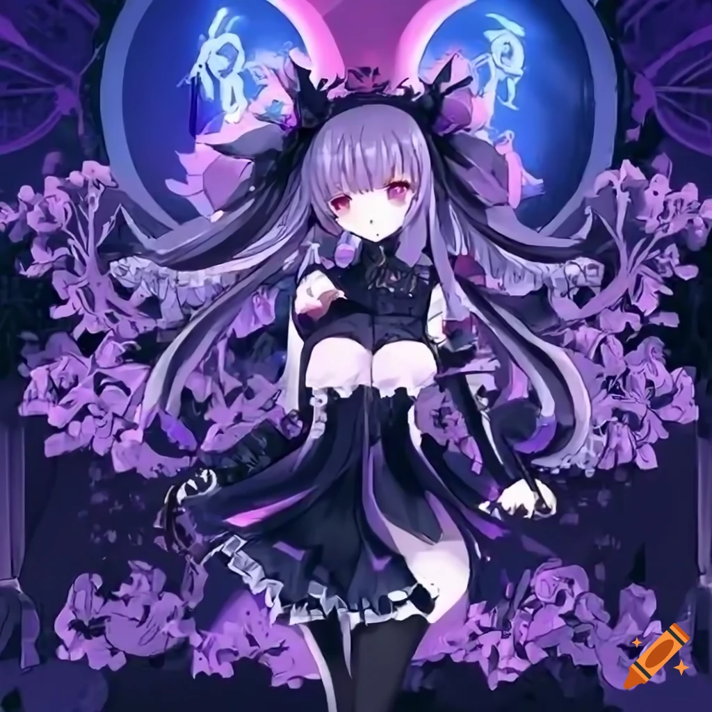 Anime girl with long wavy hair and detailed black dress on Craiyon