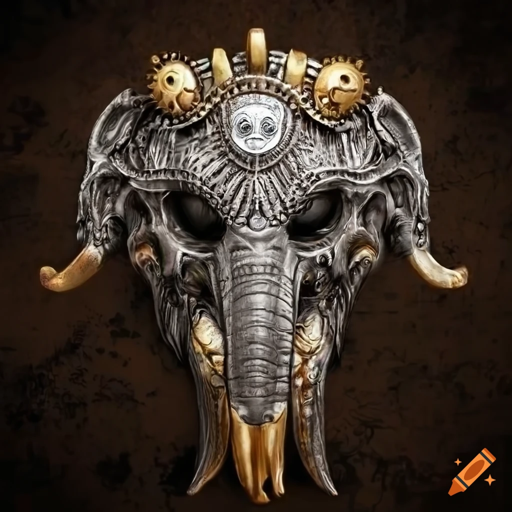 chrome steampunk elephant death mask on textured background