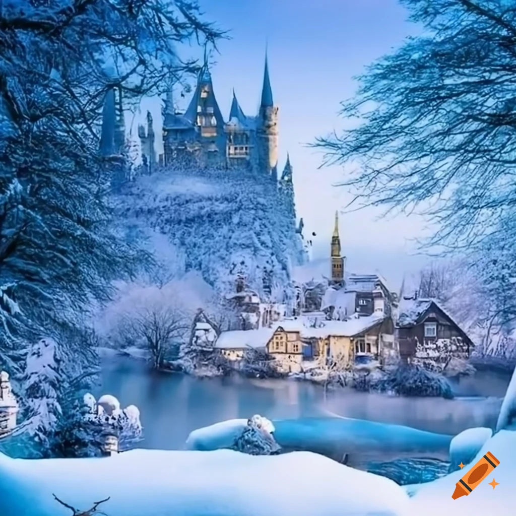 Winter wonderland with a snowy castle on Craiyon