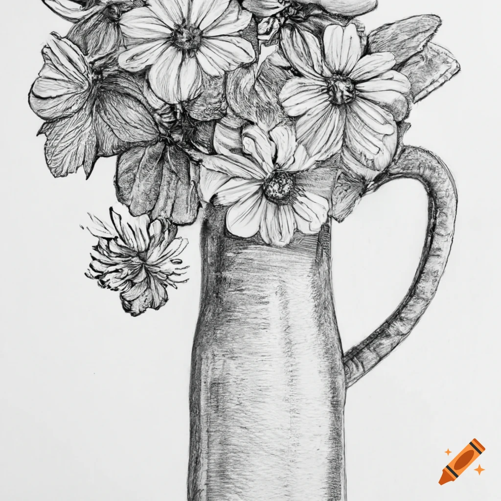 Pencil drawing of a flower emerging from a wine bottle on Craiyon