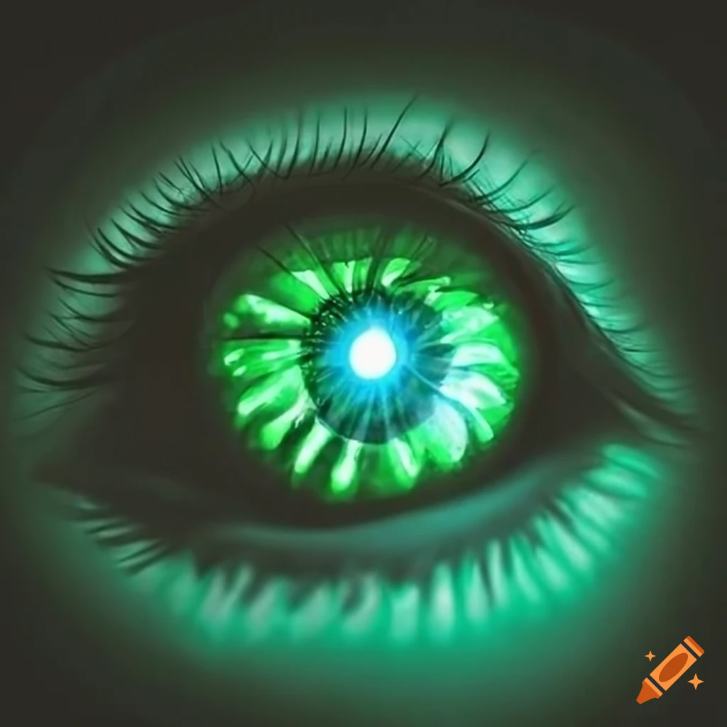 sinister glowing green eye in the darkness