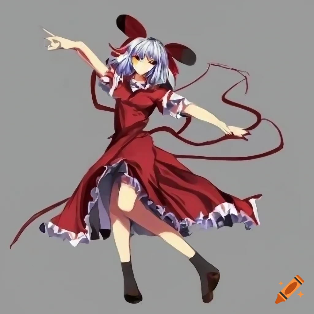 Illustration of a dynamic touhou character in a red dress on Craiyon