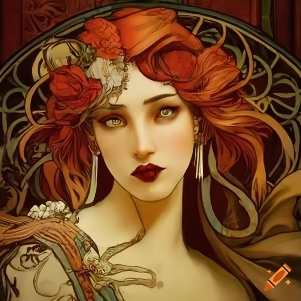 Voodoo priestess with flowing hair in Alphonse Mucha style