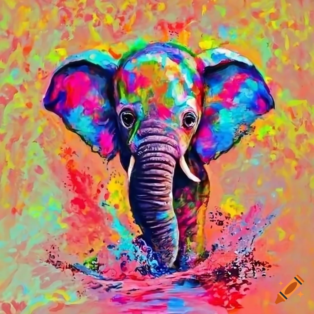 colorful painting of a playful baby elephant in water
