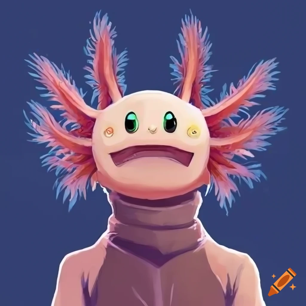 anthropomorphic axolotl with green eyes and fiusha trousers
