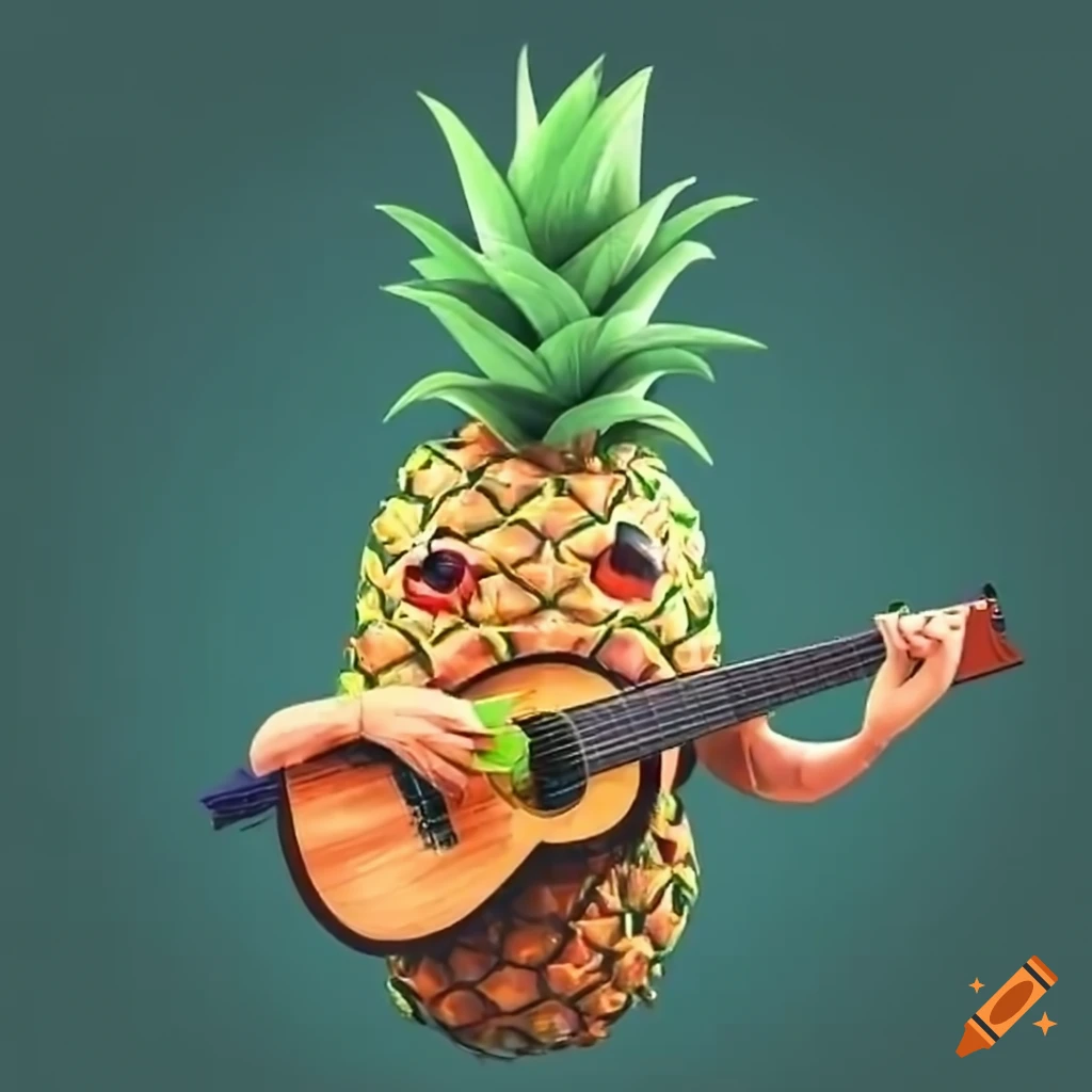Animated pineapple playing guitar with a hat on Craiyon