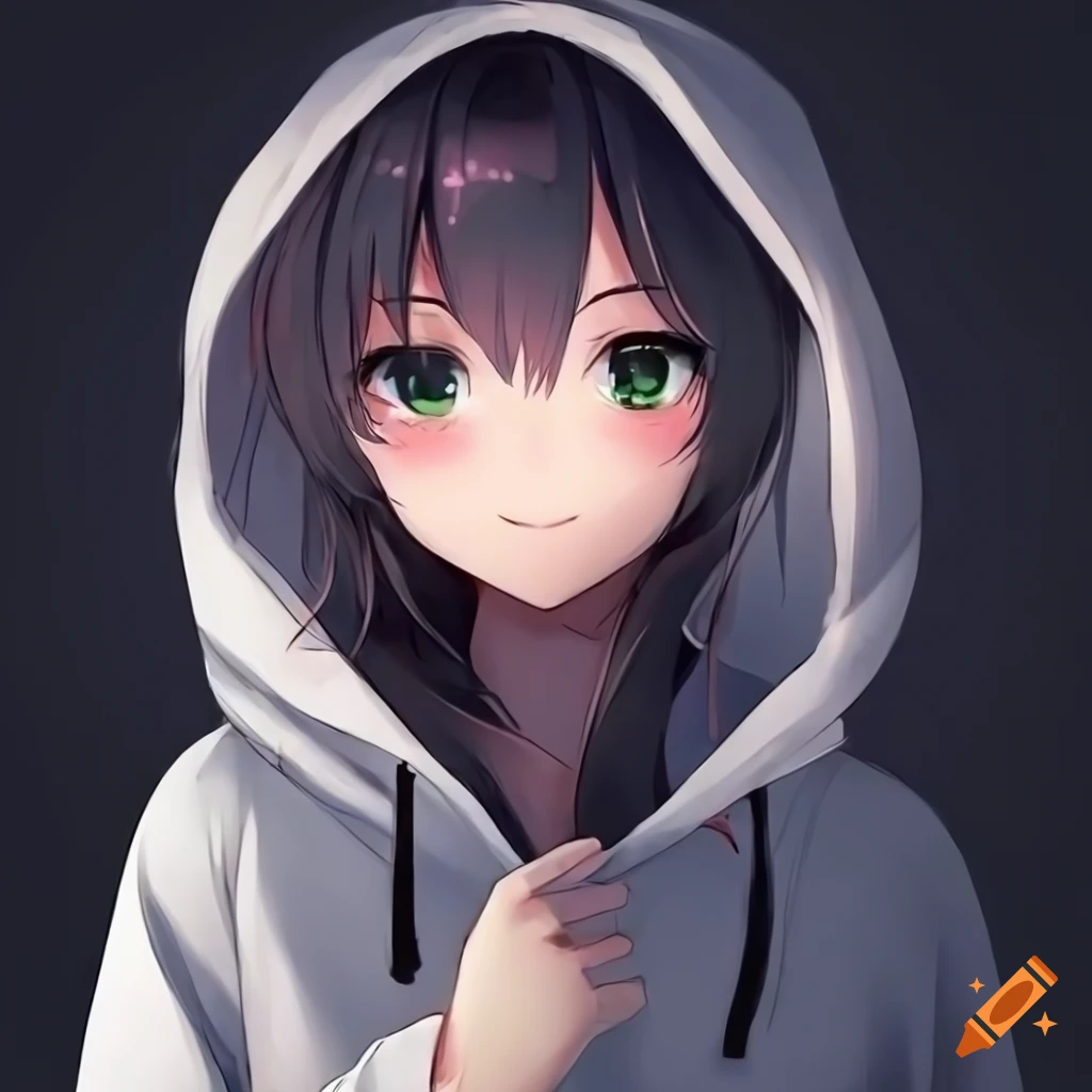 anime girl in white hoodie with a light smile