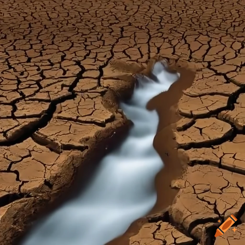 powerful stream of water flowing through parched earth