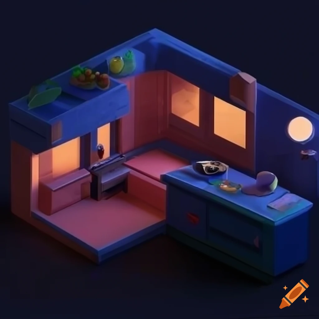 cozy peach-colored isometric room with kitchen and stairs