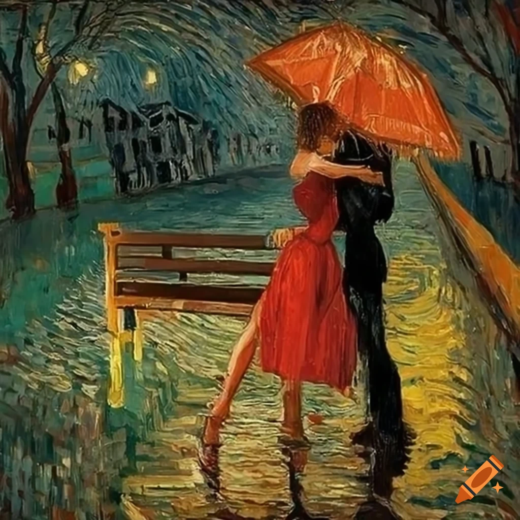 romantic couple dancing in the rain under an umbrella