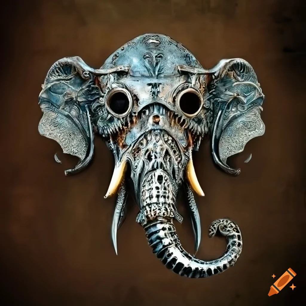 chrome biomechanical elephant steampunk death mask on textured background