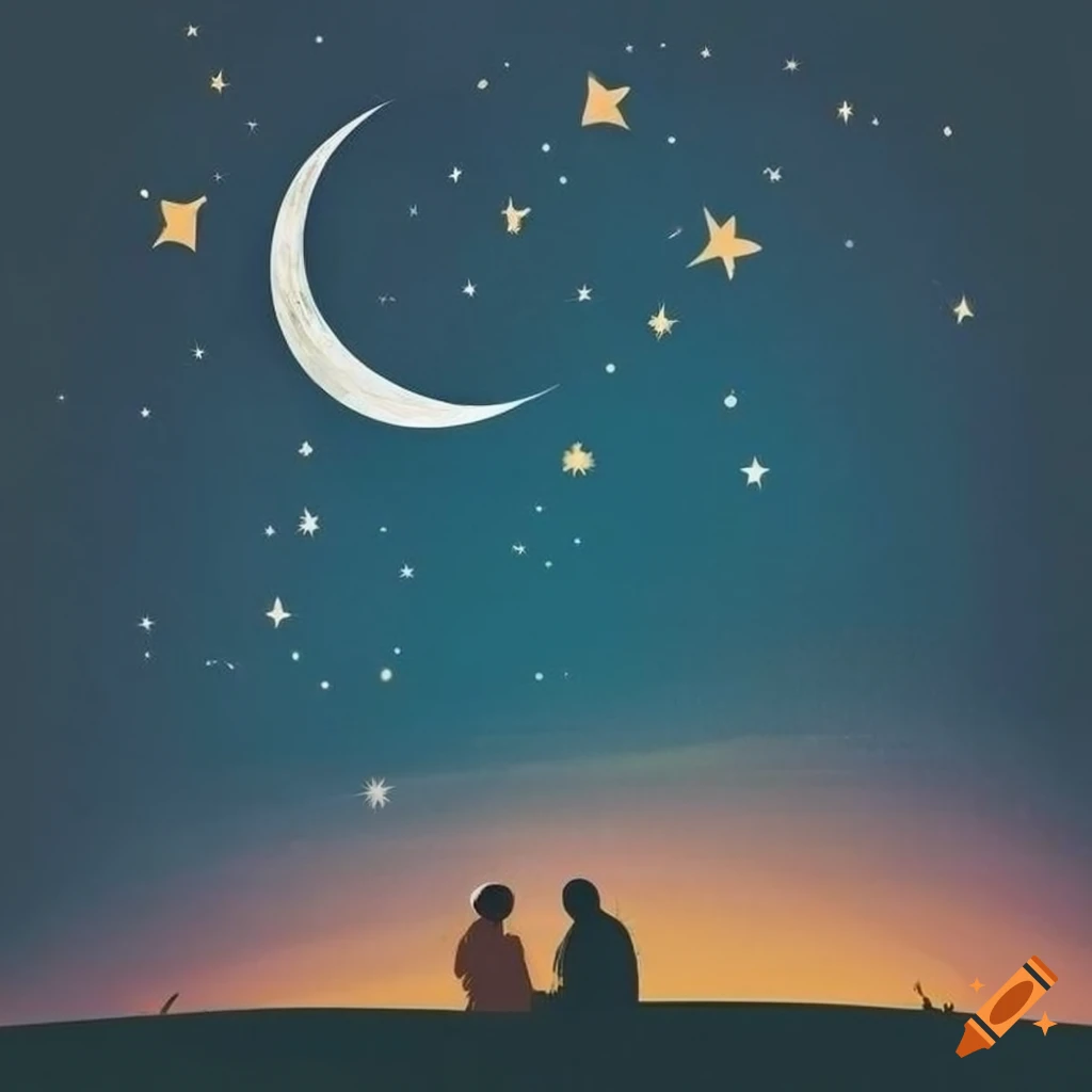 minimalist illustration of an elderly couple looking at the moon