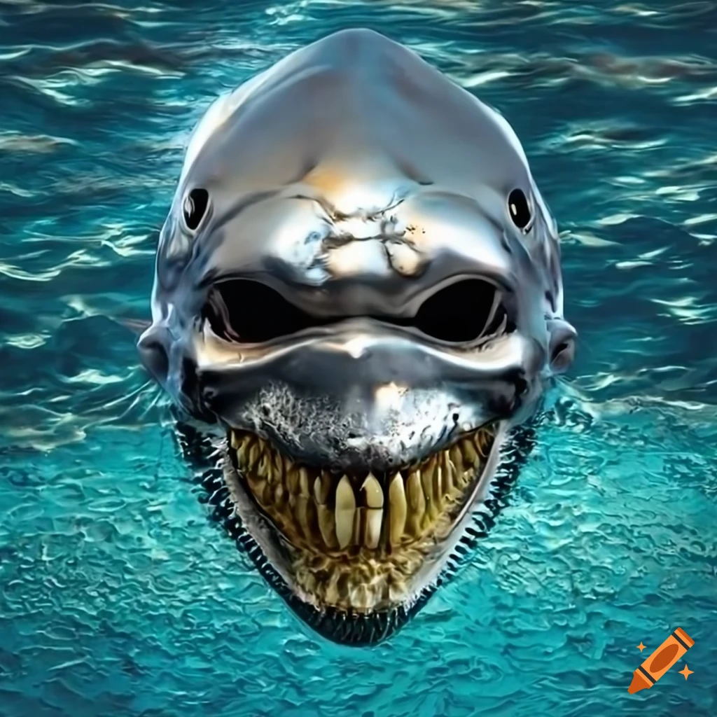 rendered chrome death mask of a Great White Shark with gold teeth