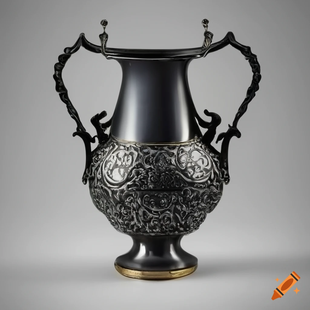 Intricate black and silver vase with handles on Craiyon