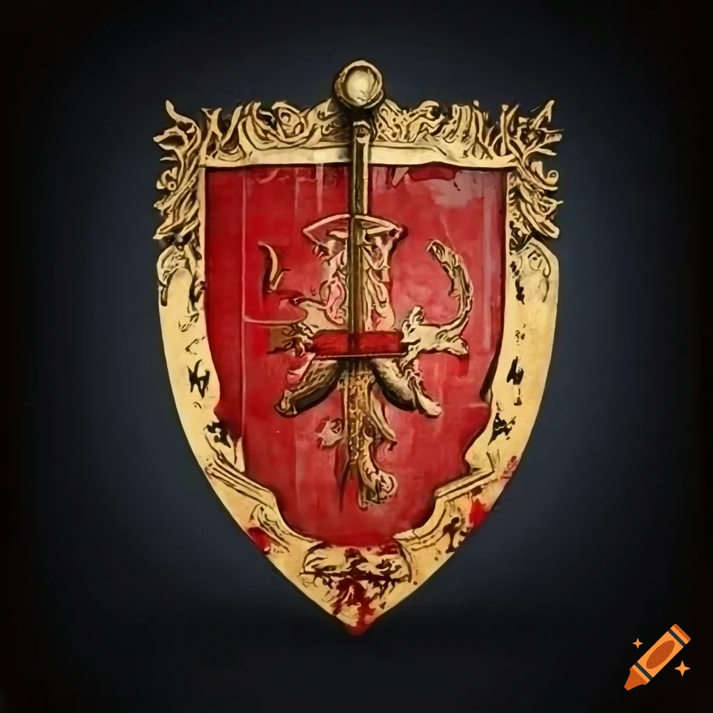 coat of arms with tally marks and bloody dagger