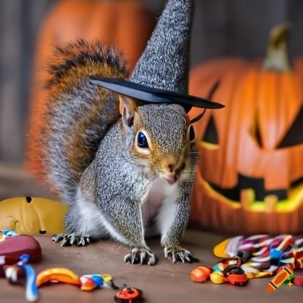 cute squirrel in a witch costume with Halloween candy