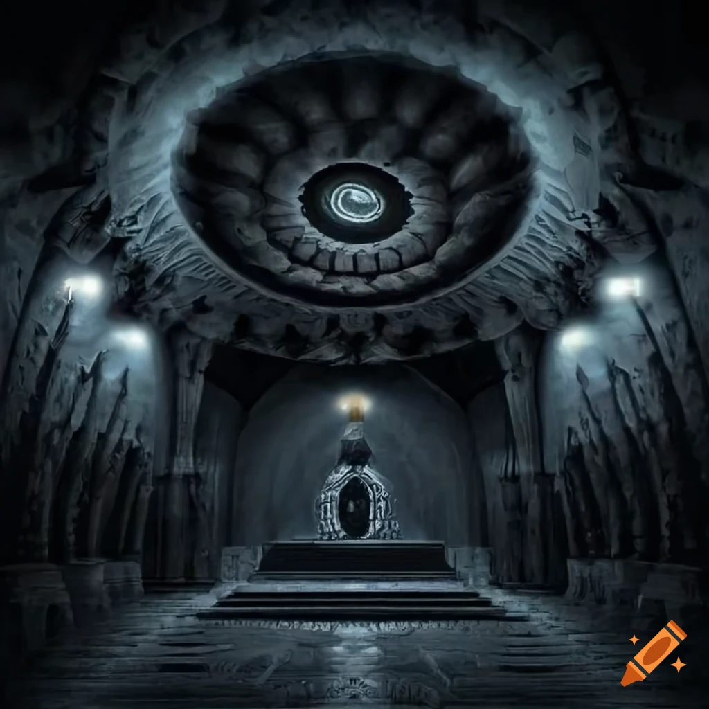 interior of a dark chamber with spiral decorations