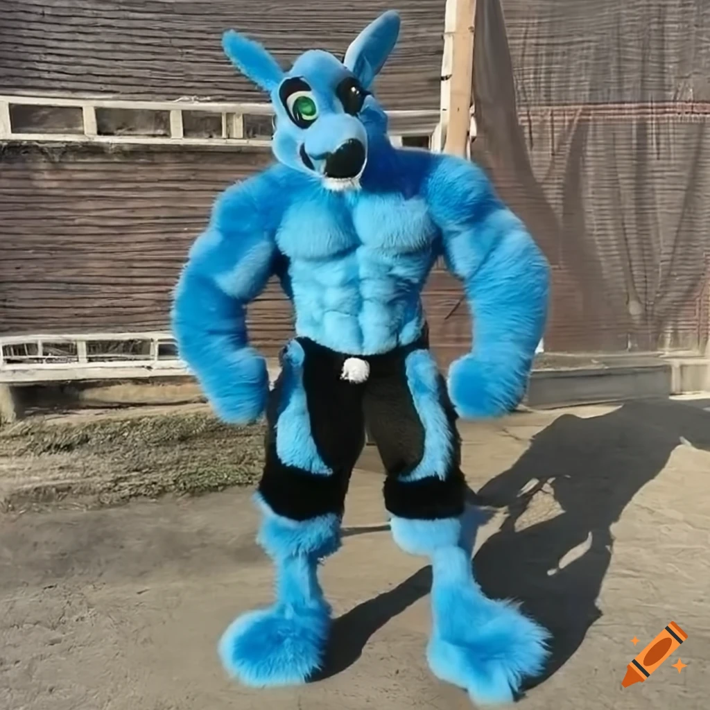 muscular kangaroo in a blue-black fursuit