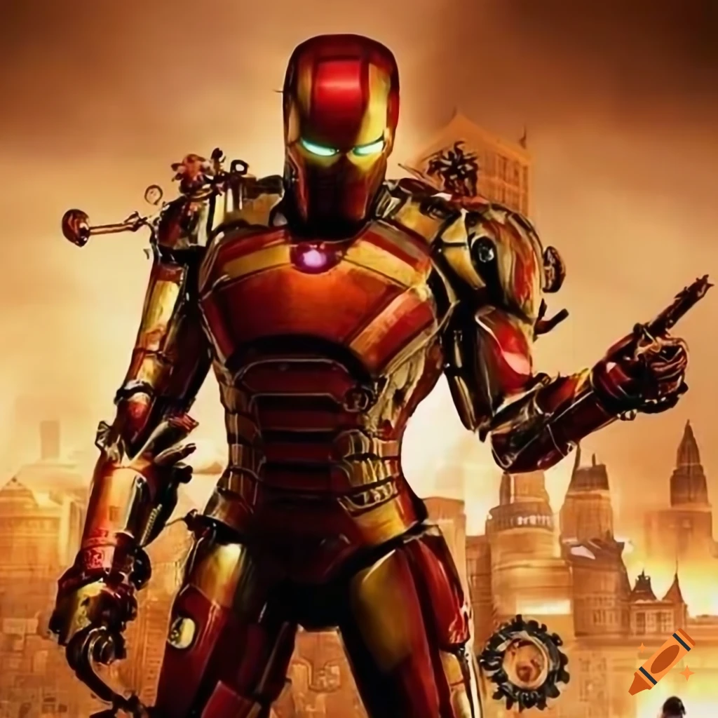 steampunk Ironman in front of a Victorian city
