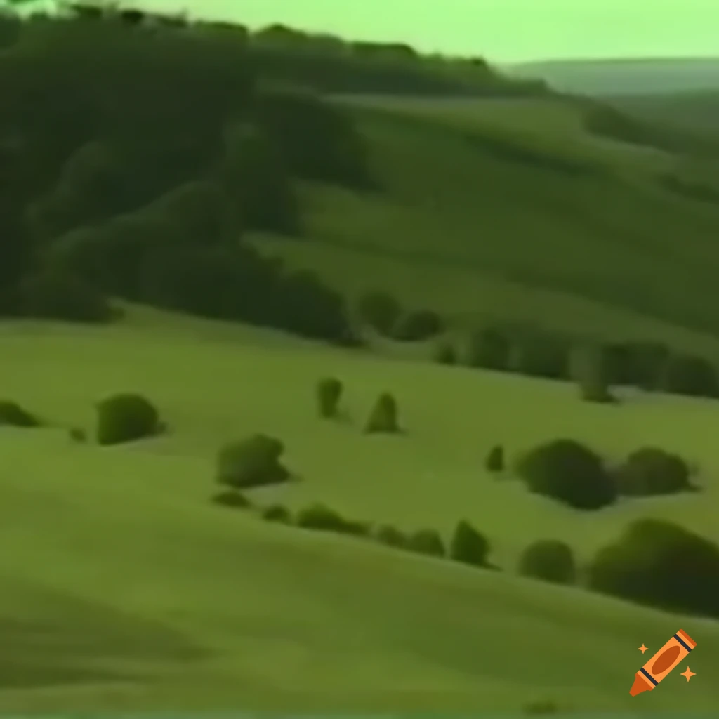 Vintage vhs footage of bucolic green hills on Craiyon