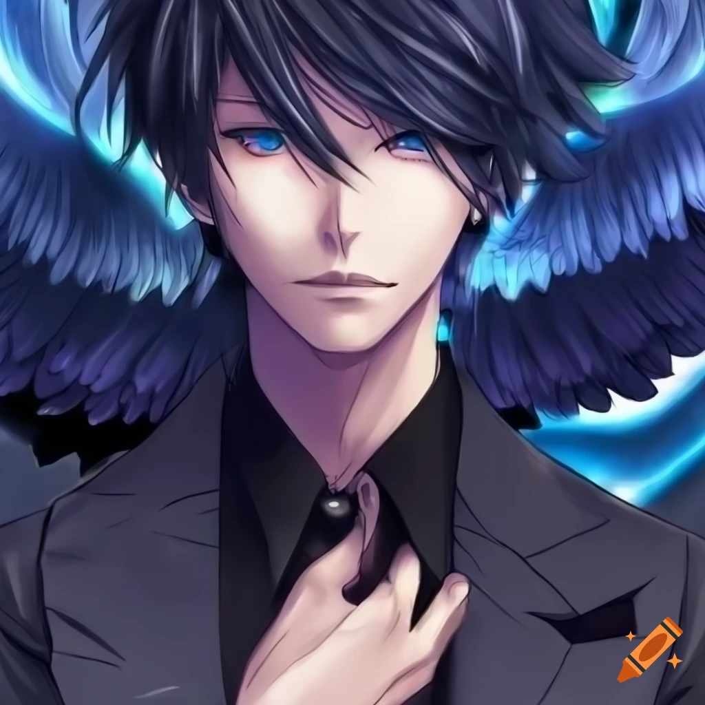 Anime character with black hair and blue eyes, wearing black angel ...
