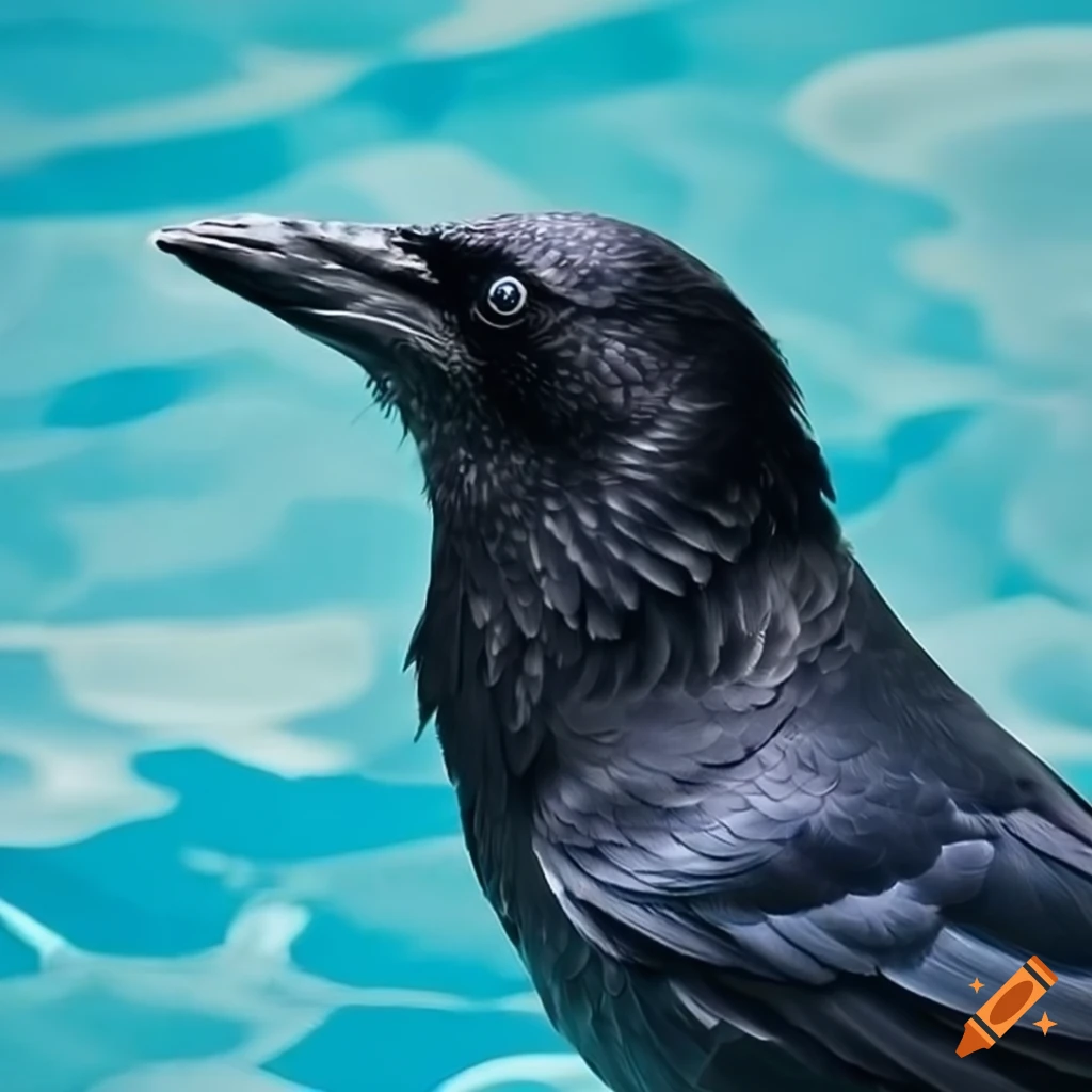 a crow by the swimming pool