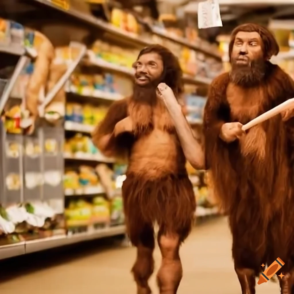 funny cavemen exploring a modern grocery store