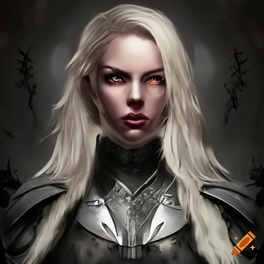 image of a fierce platinum blonde warrior woman in black armor