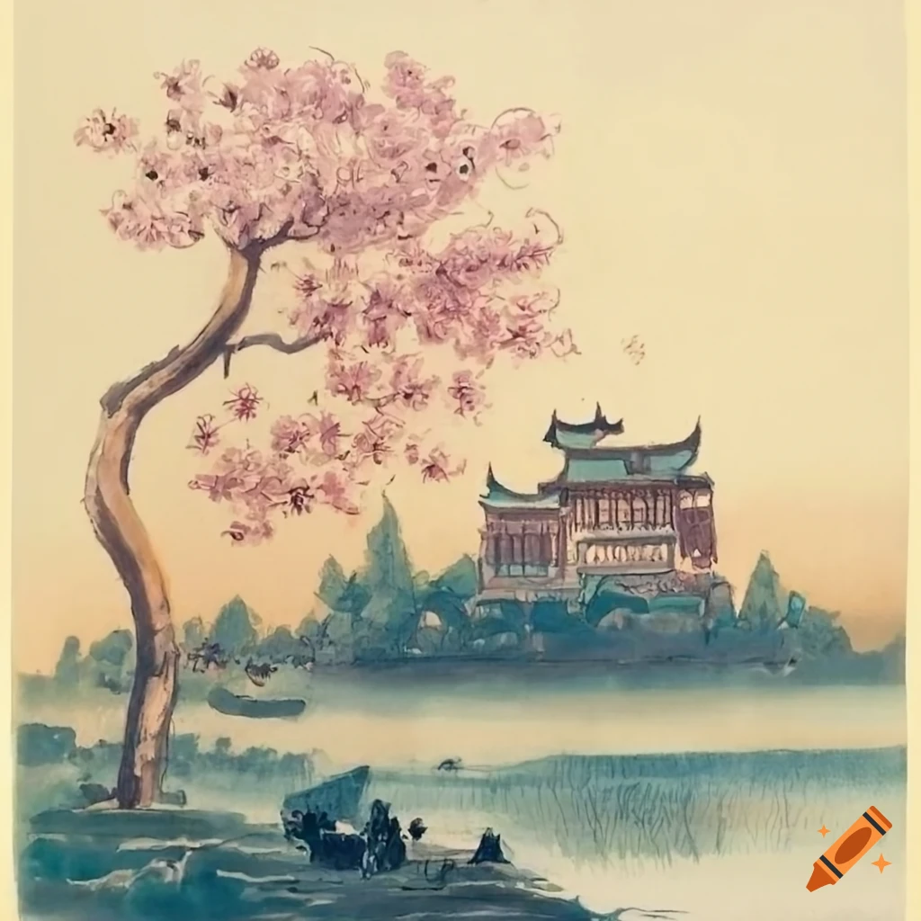 Chinese ink painting of a blossom tree and bridge by a river on Craiyon