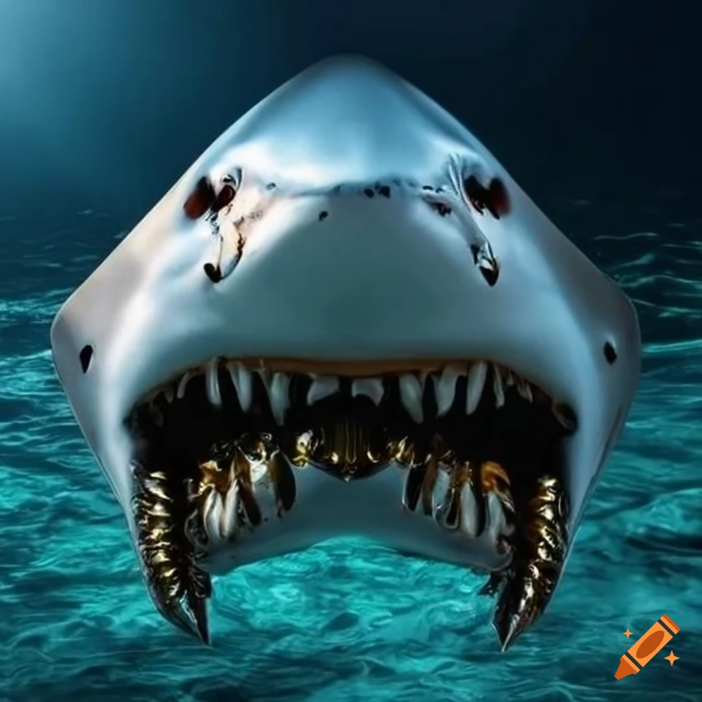 chrome death mask of a Great White Shark on aquatic background