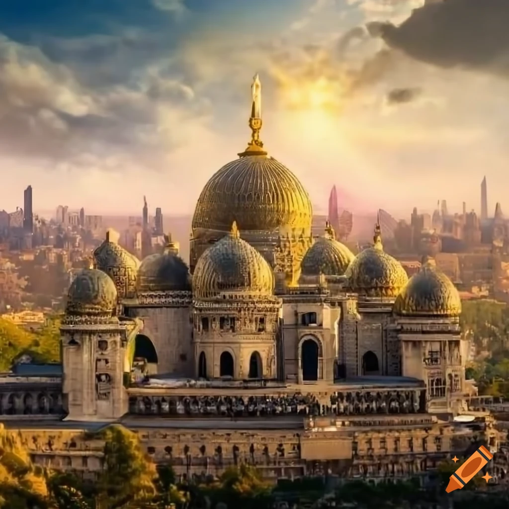Aerial view of a city with silver domes and bronze statues on Craiyon