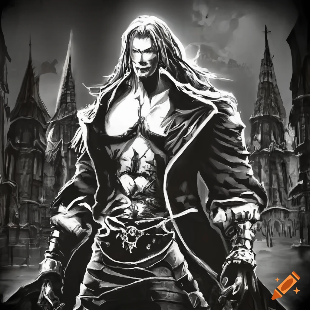 black and white stencil art of a Belmont character from Castlevania: Lords of Shadow 2